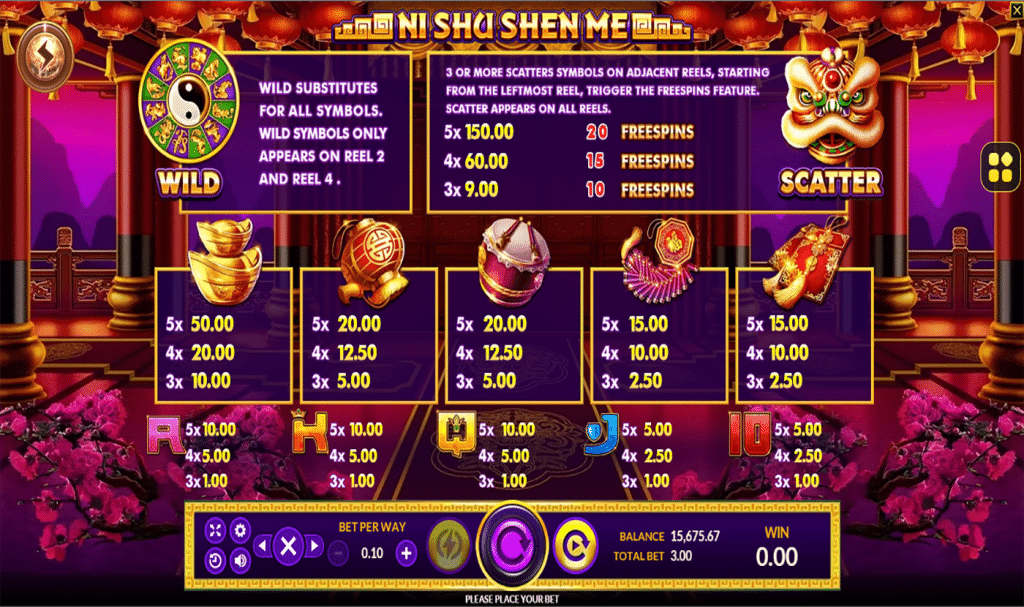 ตารางการเดิมพัน เกม NI SHU SHEN ME ค่าย JOKER