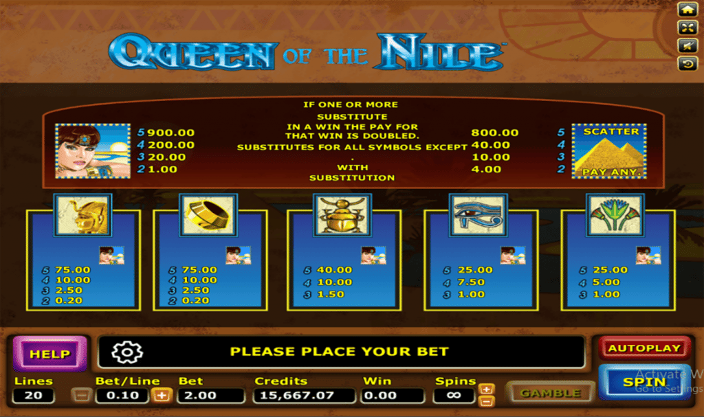 ตารางการเดิมพัน เกม QUEEN OF THE NILE ค่าย JOKER