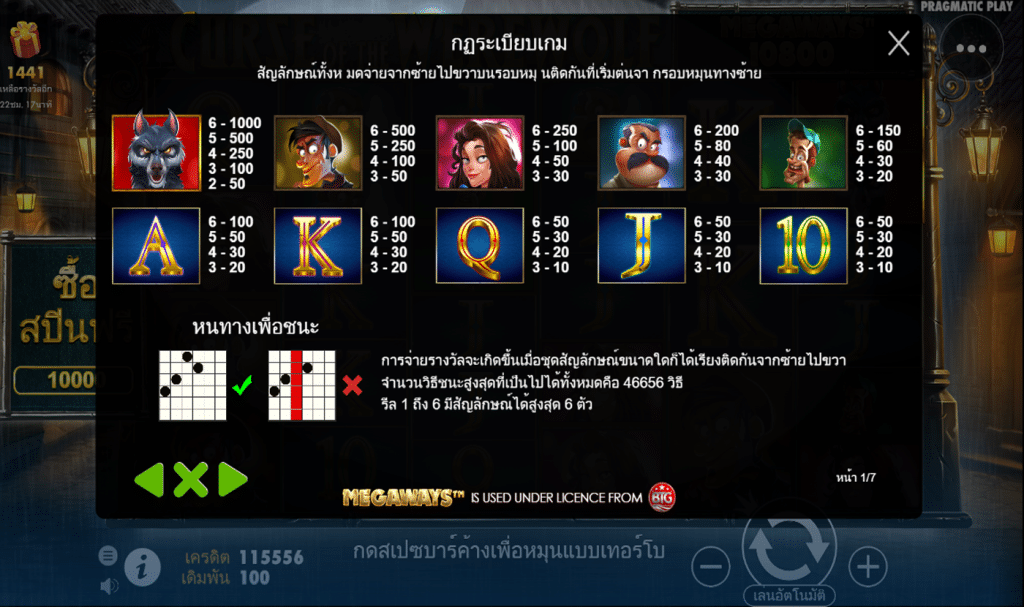 ตารางรางวัล เกมCURSE OF THE WEREWOLF MEGAWAYS ค่ายPP
