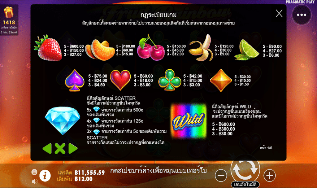 ตารางรางวัล เกมFRUIT RAINBOW ค่ายPP