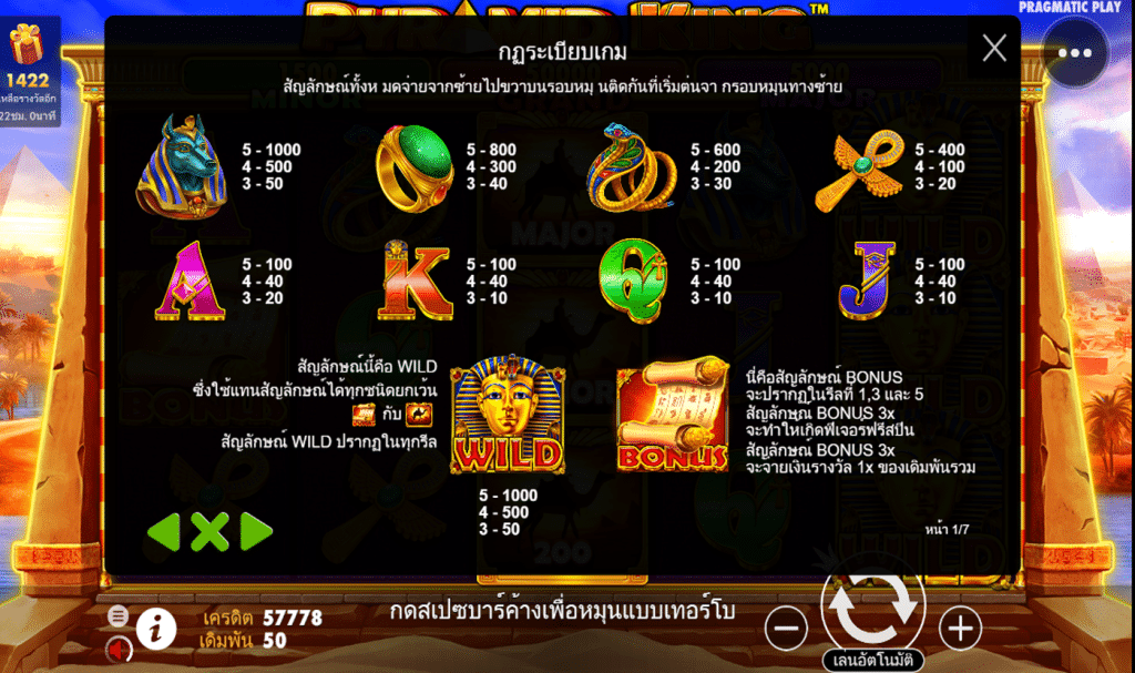ตารางรางวัล เกมPYRAMID KING ค่ายPP