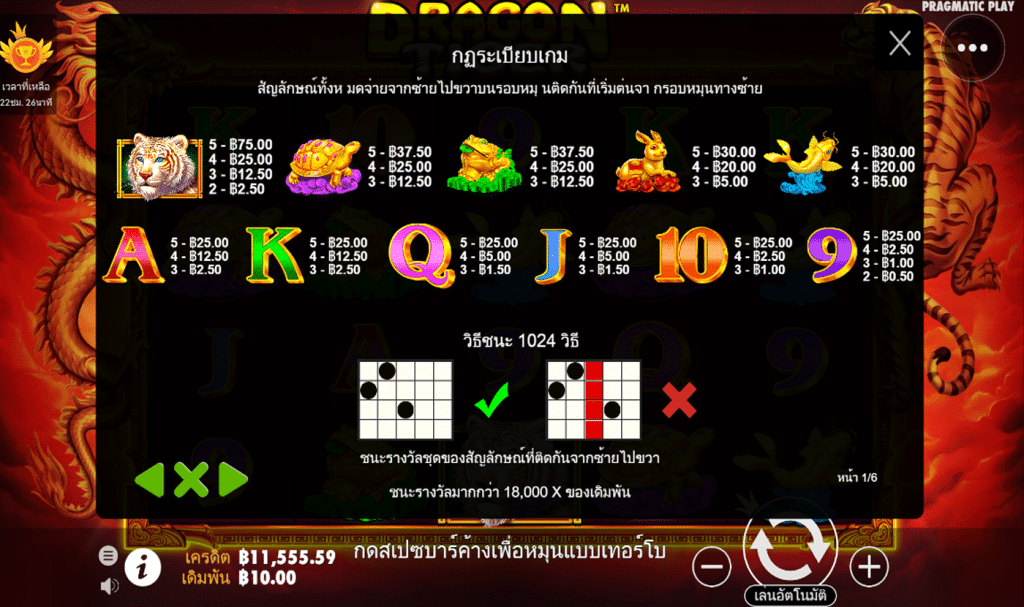 ตารางรางวัล เกมTHE DRAGON TIGER ค่ายPP