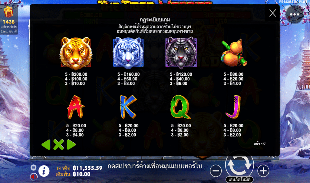 ตารางรางวัล เกมTHE TIGER WARRIOR ค่ายPP