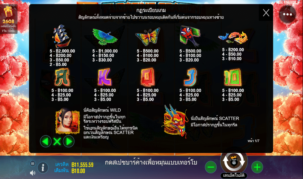 ตารางรางวัล เกมFLOATING DRAGON ค่ายPP