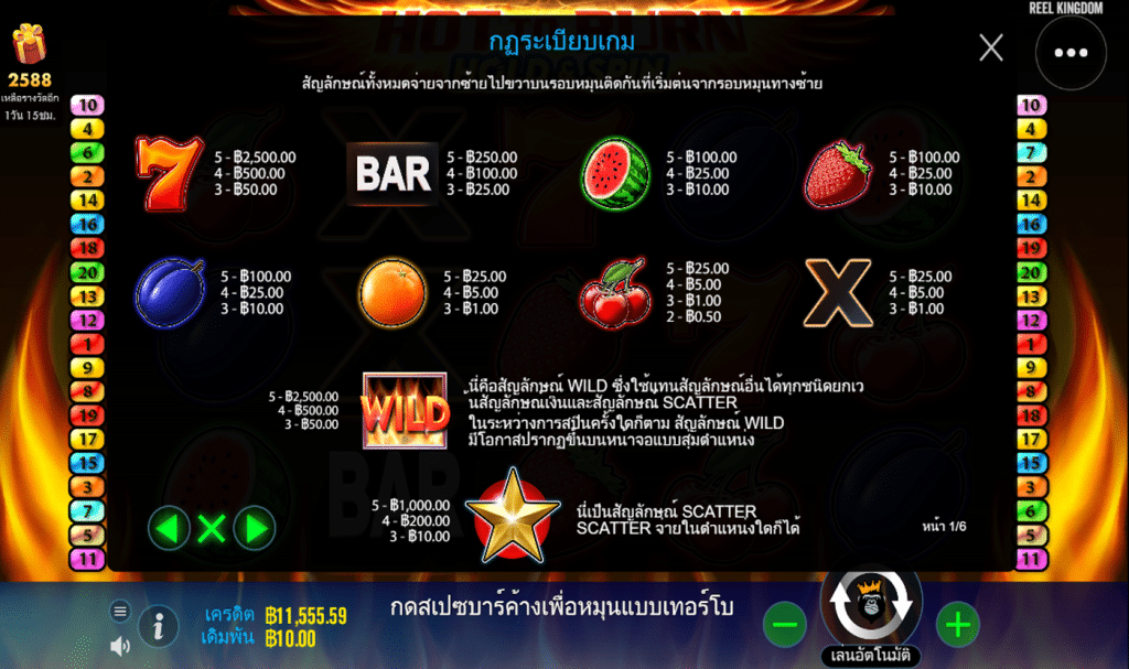 ตารางรางวัล เกมHOT TO BURN HOLD & SPIN ค่ายPP