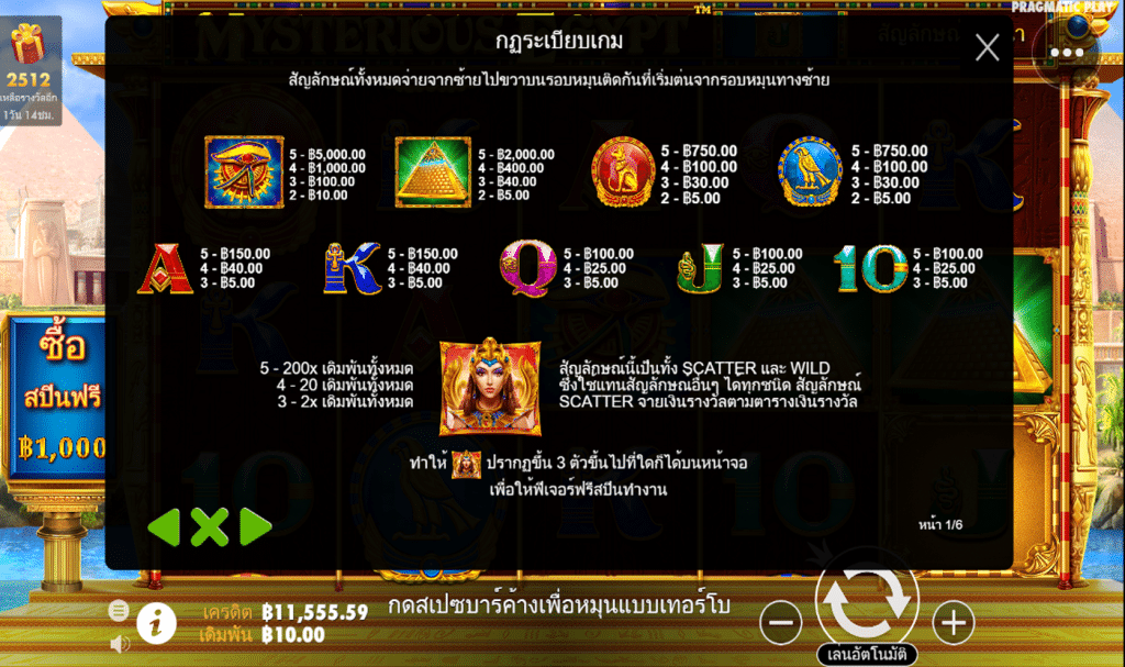 ตารางรางวัล เกมMYSTERIOUS EGYPT ค่ายPP
