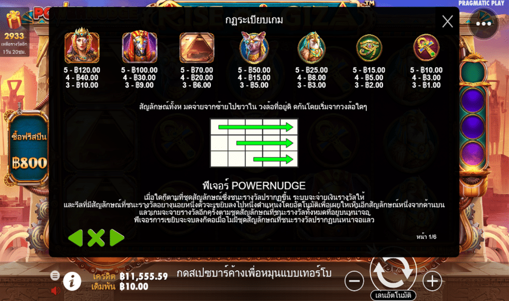 ตารางรางวัล เกมRISE OF GIZA POWERNUDGE ค่ายPP