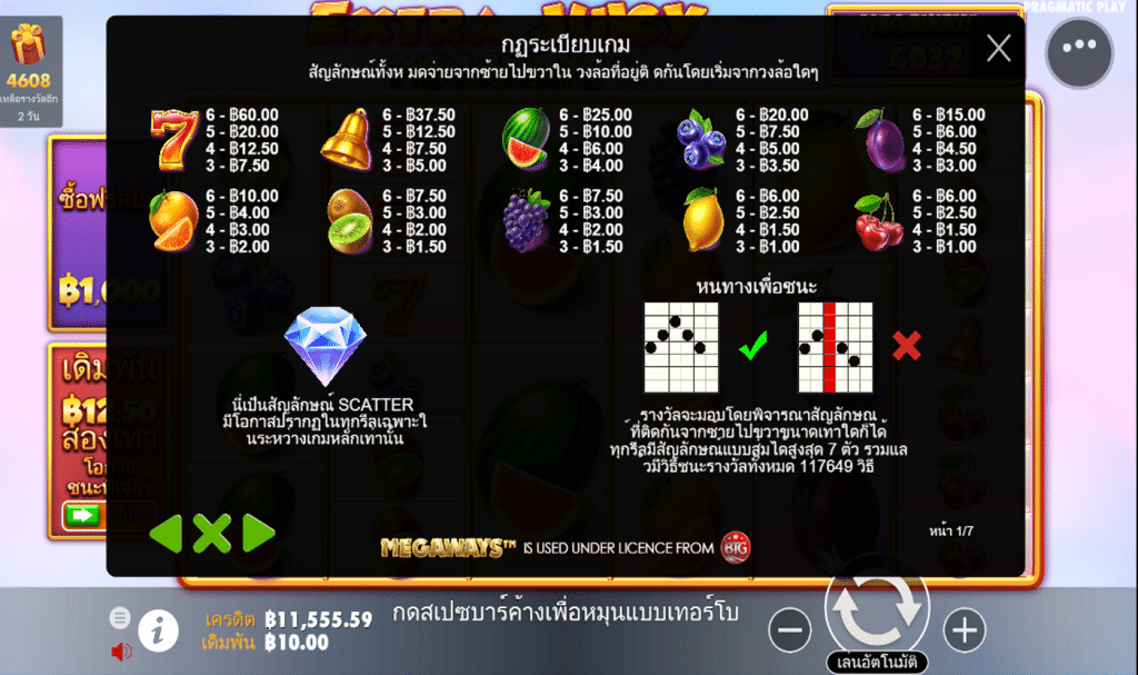ตารางรางวัล เกมEXTRA JUICY MEGAWAYS ค่ายPP