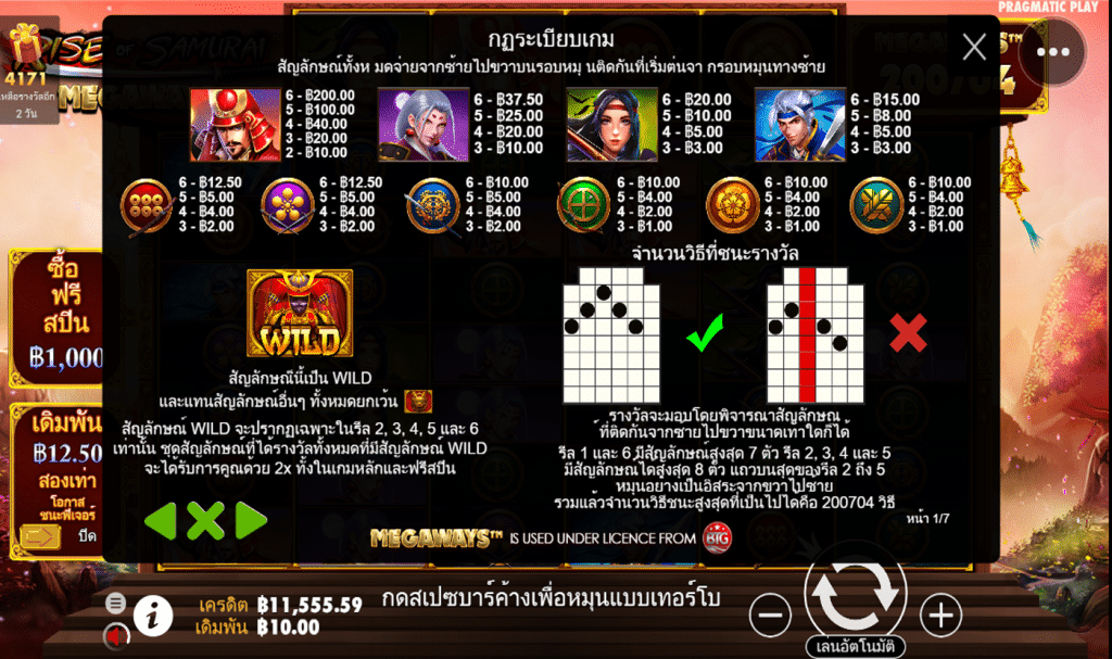 ตารางรางวัล เกมRISE OF SAMURAI MEGAWAYS ค่ายPP