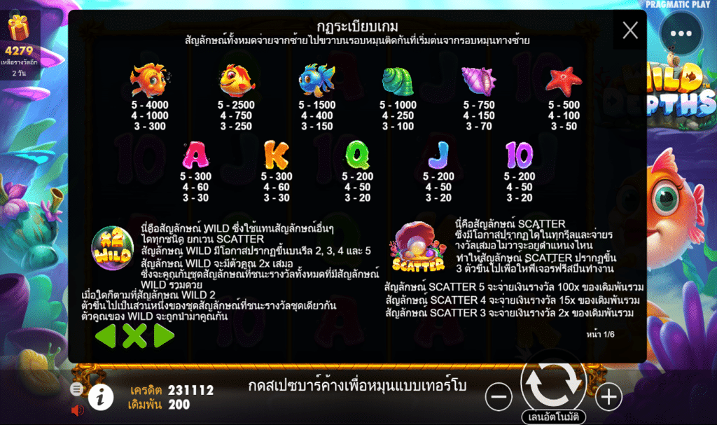 ตารางรางวัล เกมWILD DEPTHS ค่ายPP