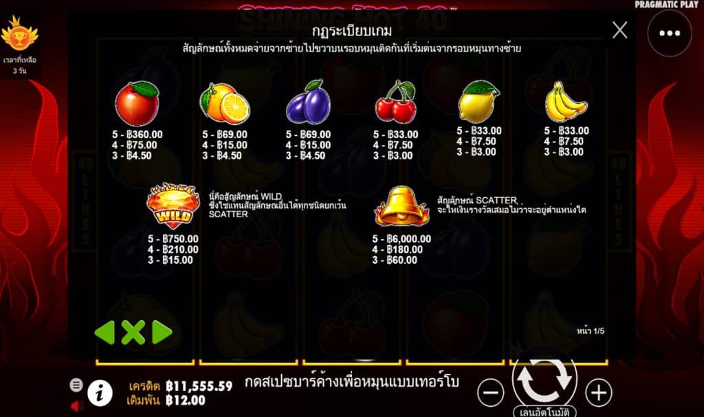 ตารางรางวัล เกมSHINING HOT 40 ค่ายPP