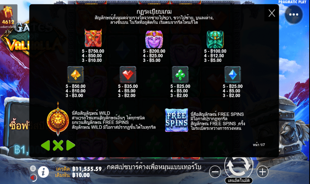 ตารางรางวัล เกมGATES OF VALHALLA ค่ายPP