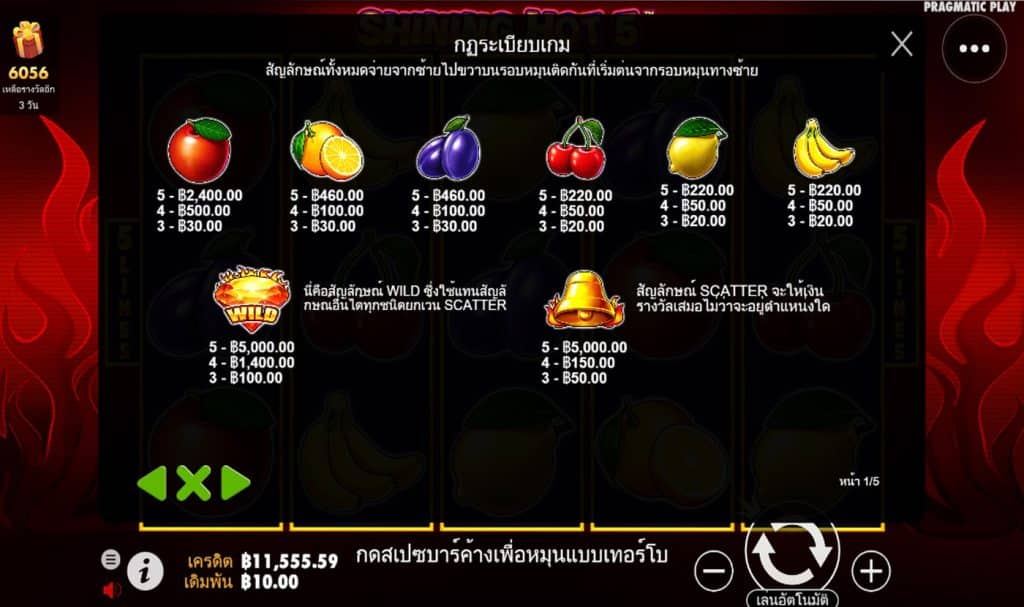 ตารางรางวัล เกมSHINING HOT 5 ค่ายPP