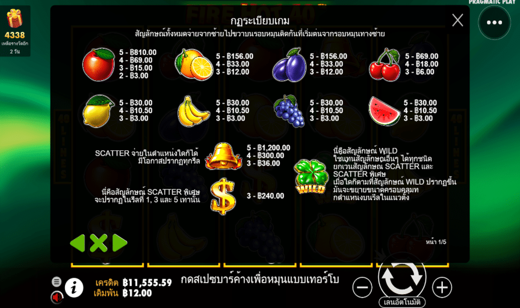 ตารางรางวัล เกม FIRE HOT 40 ค่ายPP