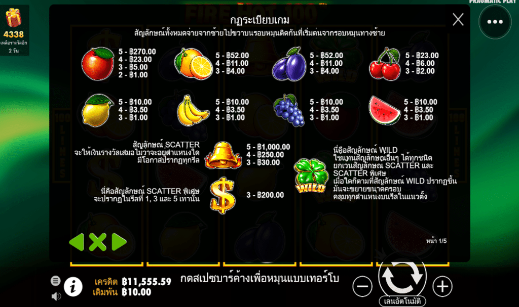 ตารางรางวัล เกมFIRE HOT 100 ค่ายPP