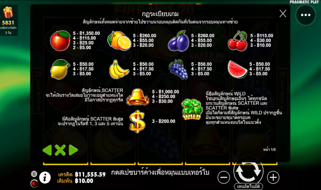 ตารางรางวัล เกมFIRE HOT 20 ค่ายPP