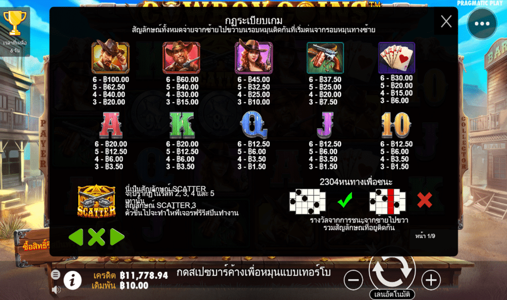 ตารางรางวัล เกม COWBOY COINS ค่ายPP