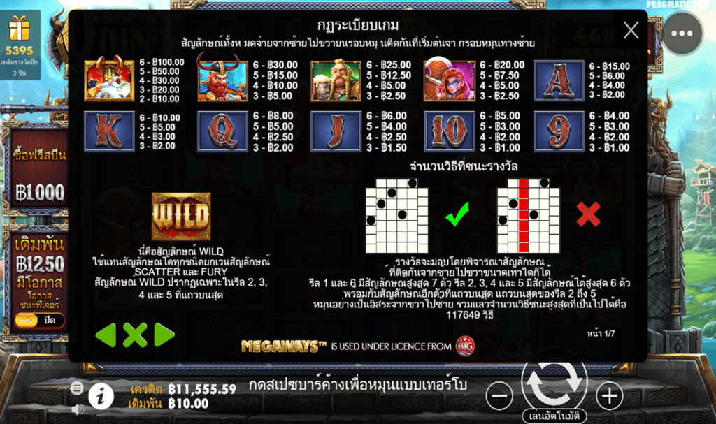 ตารางรางวัล เกมFURY OF ODIN MEGAWAYS ค่ายPP