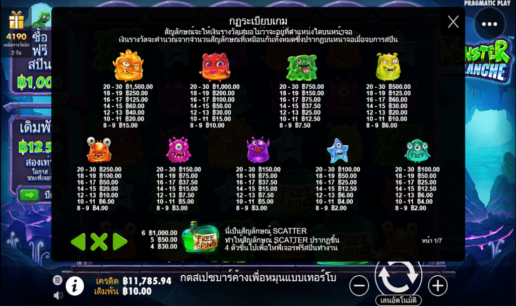 ตารางรางวัล เกมMONSTER SUPERLANCHE ค่ายPP