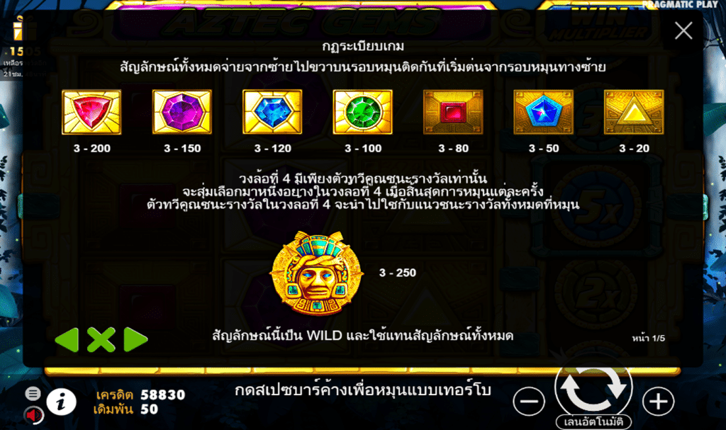 ตารางรางวัล เกม AZTEC GEMS ค่ายPP