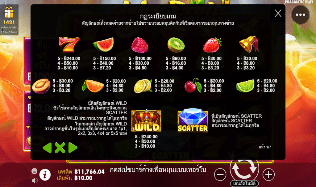 ตารางรางวัล เกม JUICY FRUITS ค่ายPP