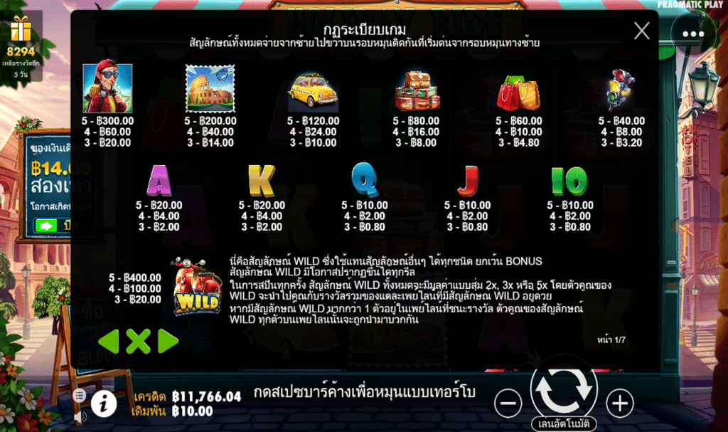ตารางรางวัล เกมHOLIDAY RIDE ค่ายPP