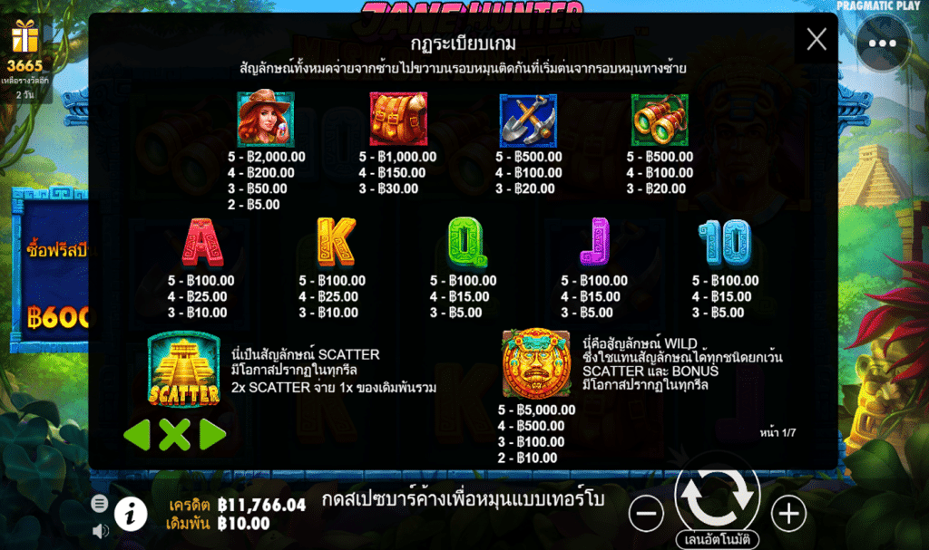 ตารางรางวัล เกมJANE HUNTER AND THE MASK OF MONTEZUMA ค่ายPP