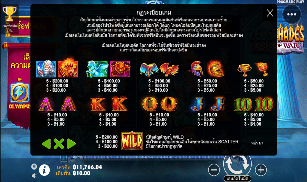 ตารางรางวัล เกมZEUS VS HADES GODS OF WAR ค่ายPP