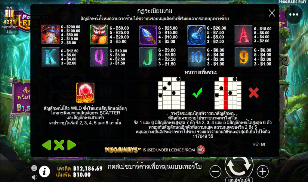 ตารางสัญลักษณ์ เกมPOWER OF MERLIN MEGAWAYS ค่ายPP
