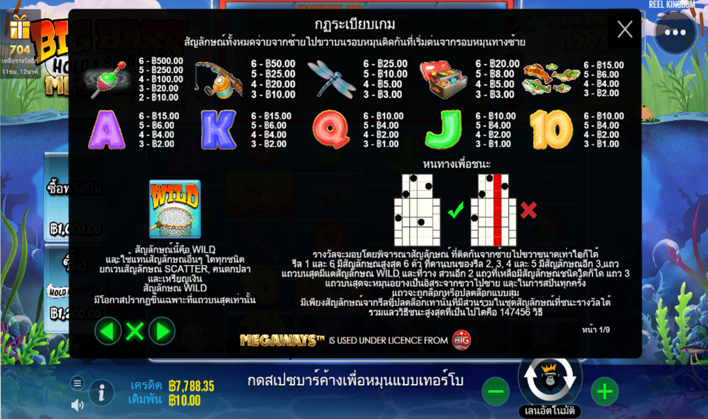 ตารางสัญลักษณ์ เกม BIG BASS HOLD AND SPINNER MEGAWAYS ค่าย PRAGMATIC PLAY