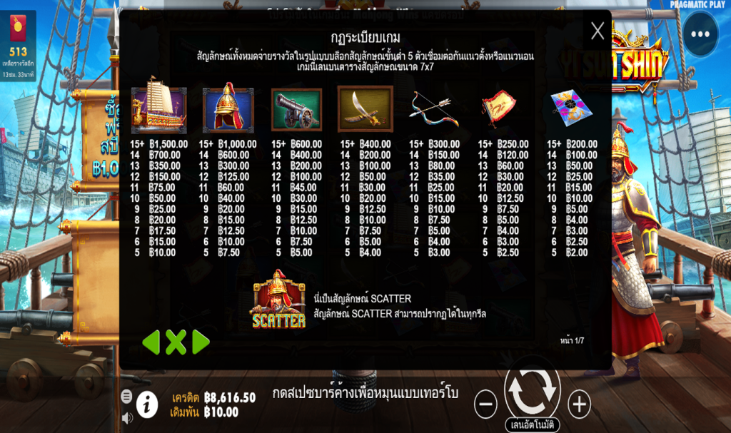 ตารางสัญลักษณ์ เกม YI SUN SHIN ค่าย PRAGMATIC PLAY