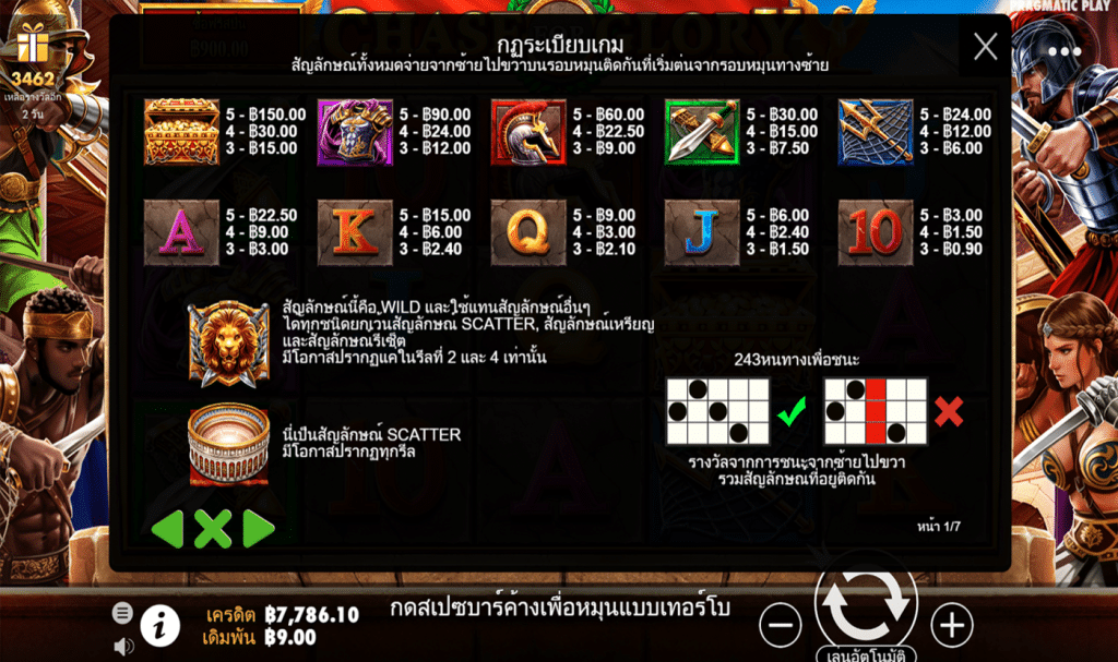 ตารางสัญลักษณ์ เกม CHASE FOR GLORY ค่าย PRAGMATIC PLAY