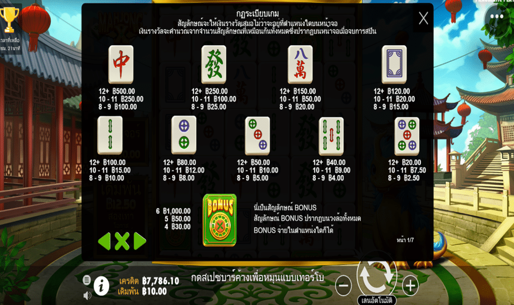 ตารางสัญลักษณ์ เกม MAHJONG X ค่าย PRAGMATIC PLAY