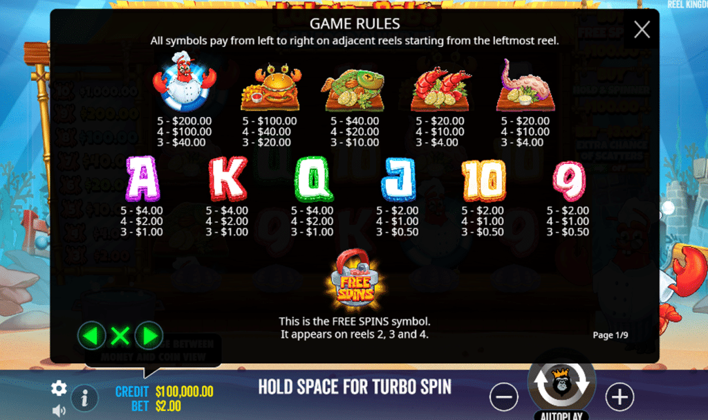 สัญลักษณ์ เกม LOBSTER BOBS SEAFOOD WIN IT ค่าย PRAGMATIC PLAY